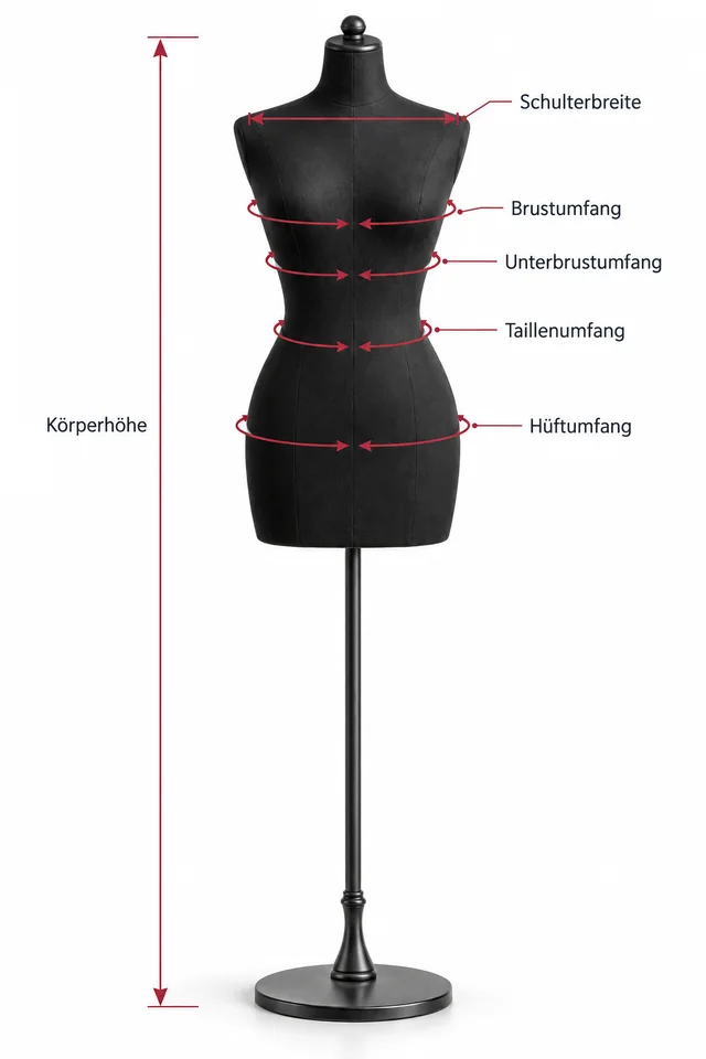 Schwarze Schneiderpuppe mit markierter Körperhöhe, Schulterbreite sowie Brust-, Unterbrust-, Taillen- und Hüftumfang.